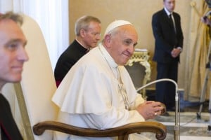 Pictured is a photo of Pope Francis listening to a speech made by the UN Secretary-General when Ban Ki-moon visited Vatican City, Rome in May 2014. UN Photo/Eskinder Debebe