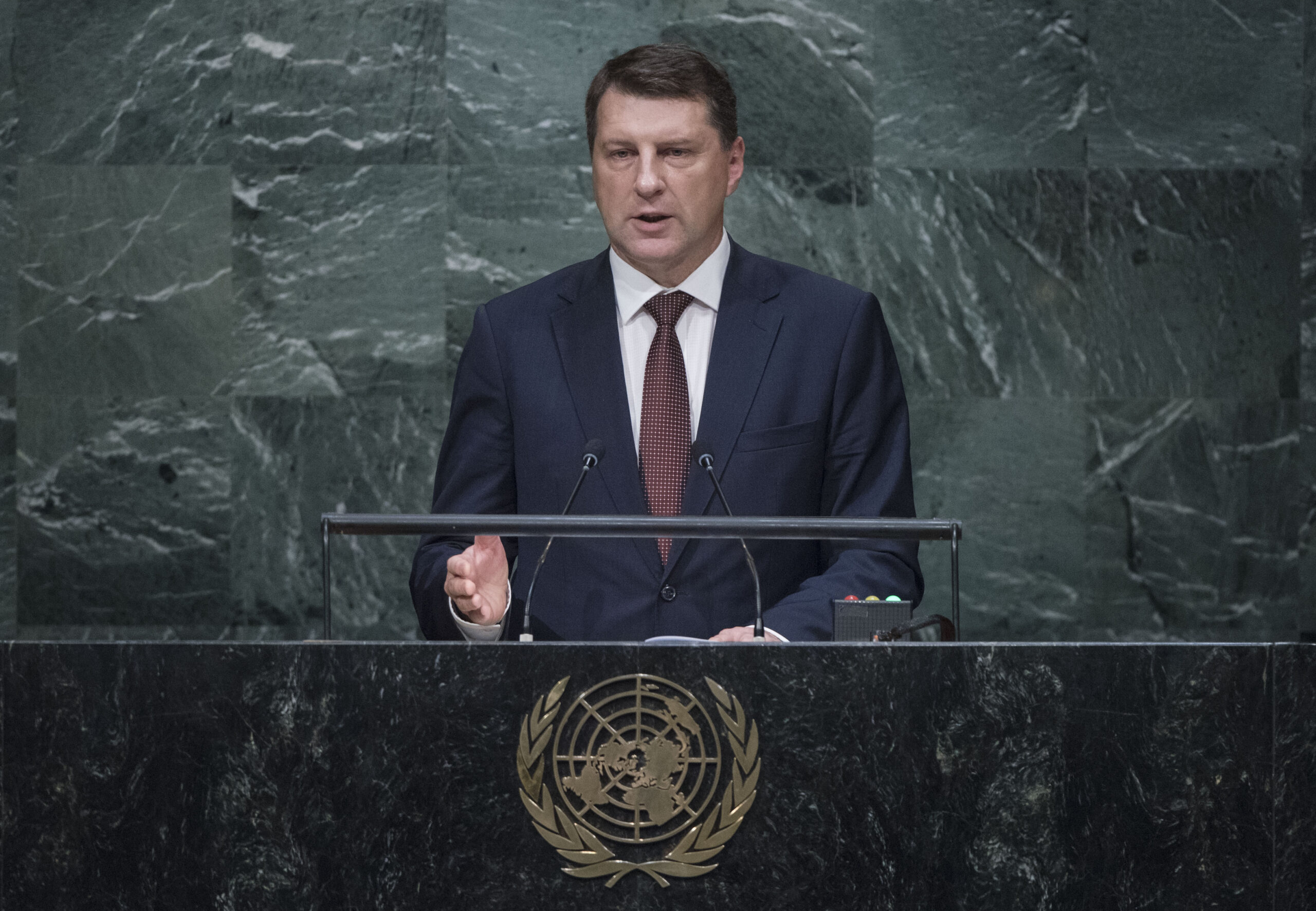 Raimonds Vejonis, the President of the Republic of Latvia, is shown speaking in the UN General Assembly. UN Photo/Cia Pak.